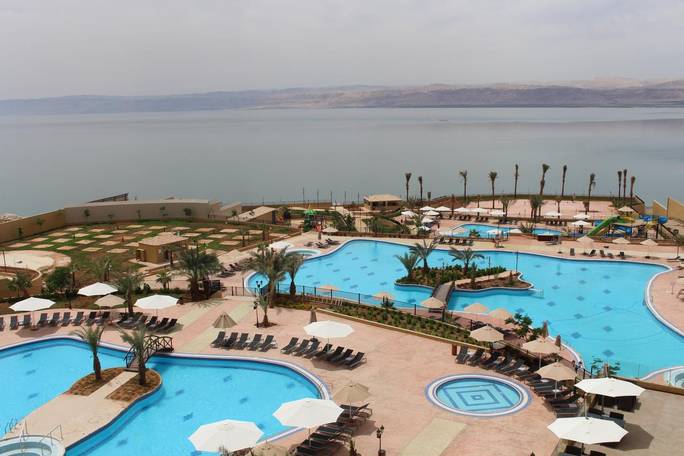 Hotel pool area overlooking the Dead Sea