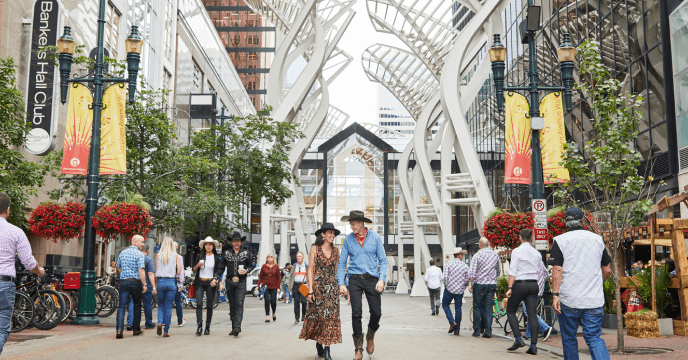view of the Calgary skyline from a park