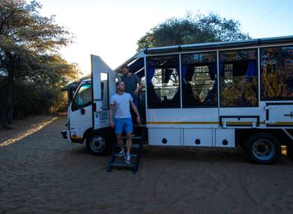 An overland truck on a safari adventure in Botswana