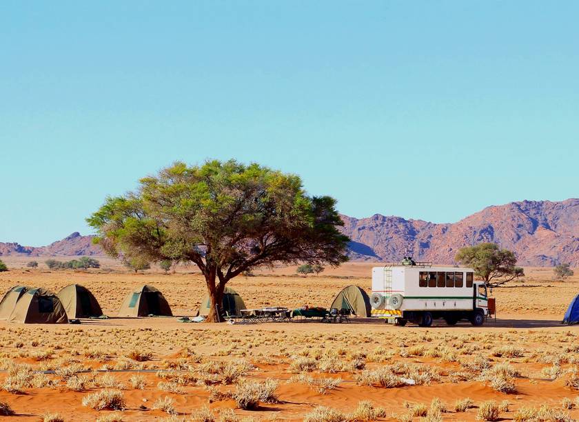 An overland truck on a safari adventure in Botswana