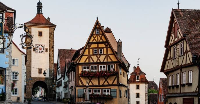 Close-up of the iconic storybook town of Rothenburg ob der Tauber, on the Romantic Road in Bavaria.