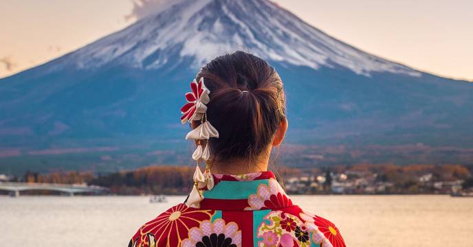 A woman in a kimono enjoying the view of Lake Kawaguchiof and Mount Fuji