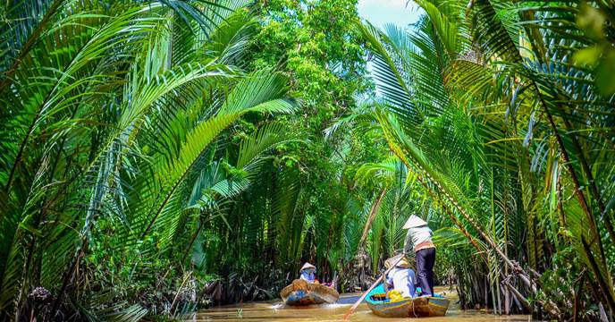 Boats gliding down the Mekong Delta