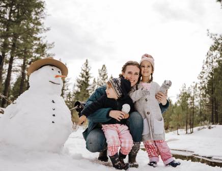 family builds a snowman together