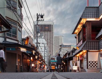 Morning view of a narrow street in Japan.