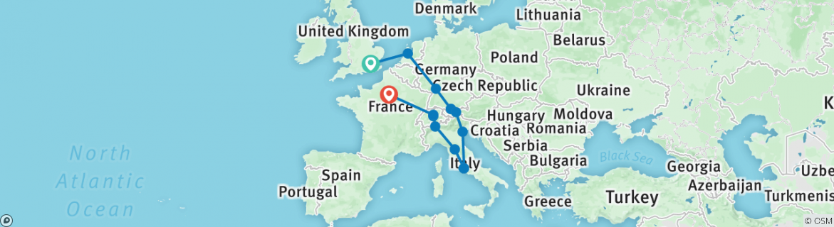 Image of a map showing the route of the tour