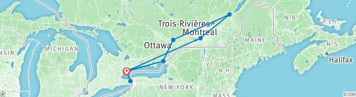 Image of a map showing the route of the tour