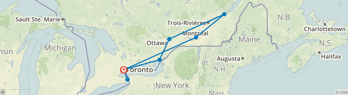 Image of a map showing the route of the tour