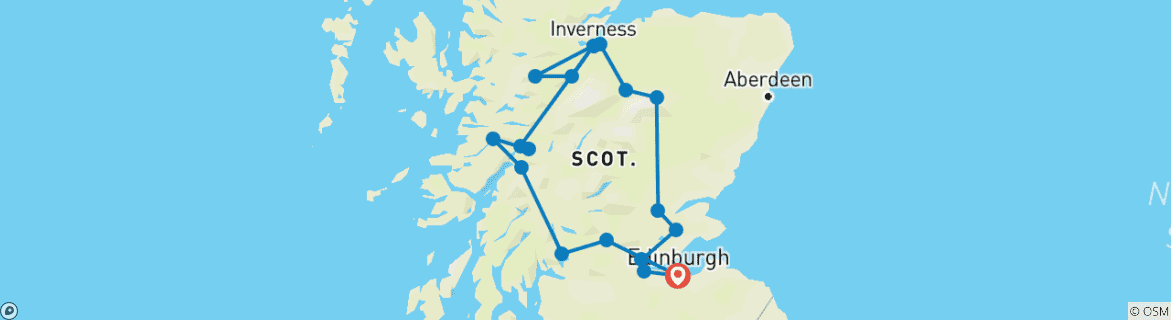 Image of a map showing the route of the tour