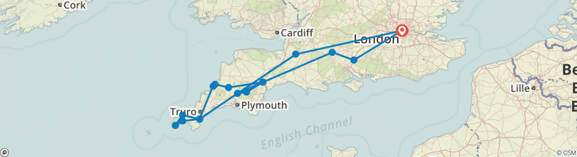 Image of a map showing the route of the tour