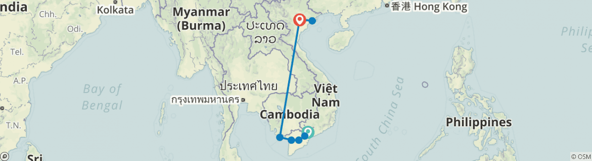 Image of a map showing the route of the tour