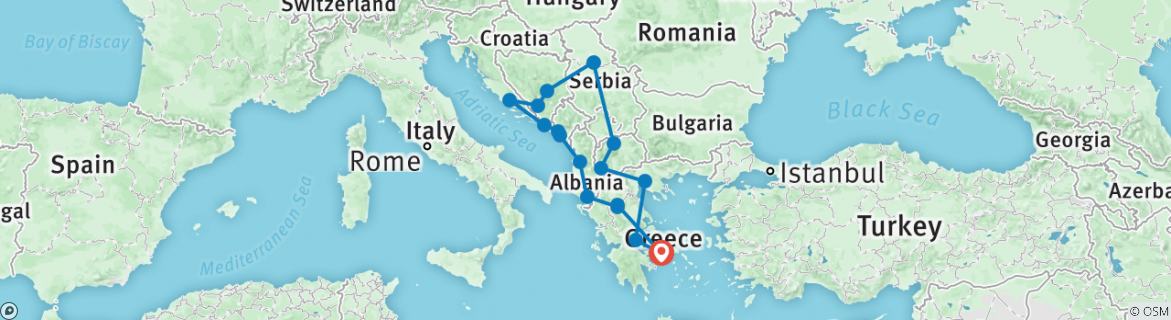 Image of a map showing the route of the tour