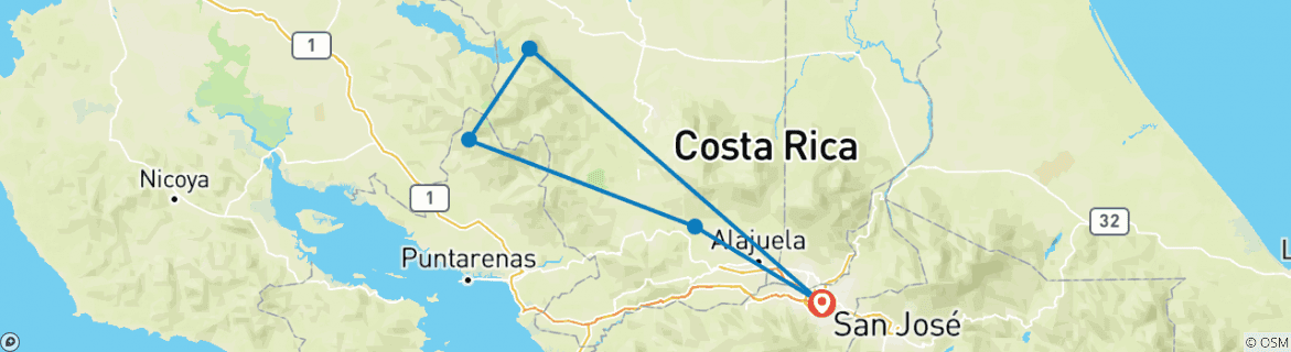 Image of a map showing the route of the tour