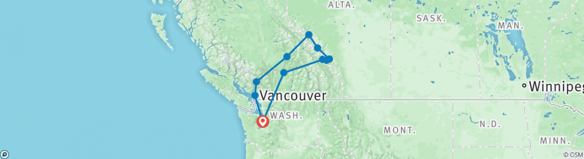 Image of a map showing the route of the tour