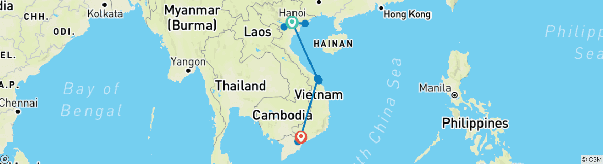 Image of a map showing the route of the tour