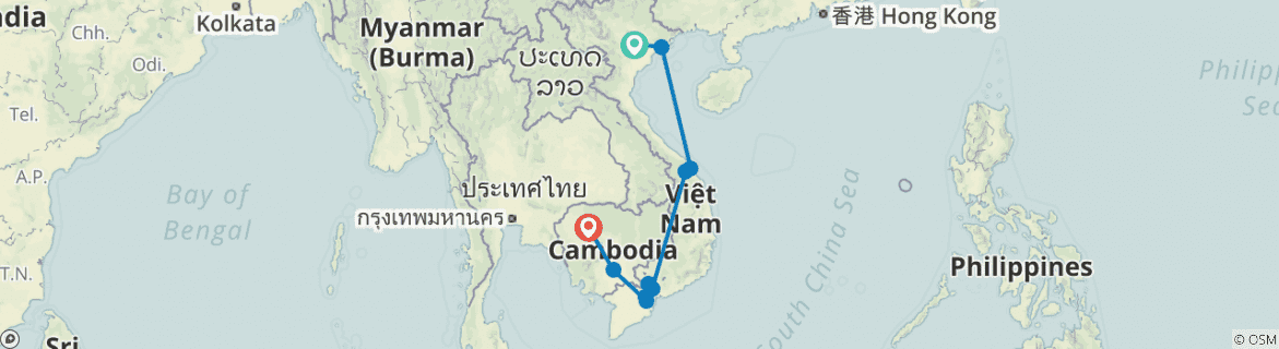 Image of a map showing the route of the tour