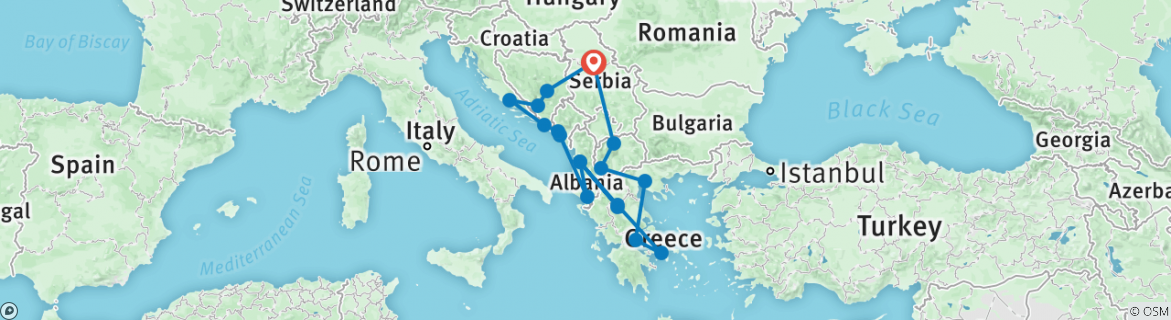 Image of a map showing the route of the tour