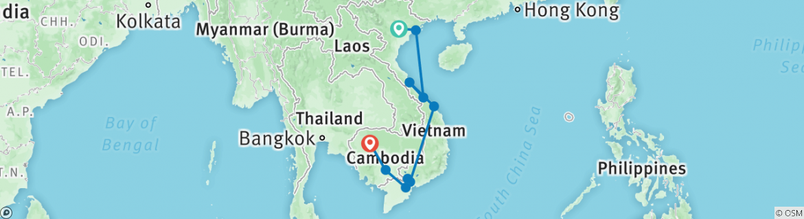 Image of a map showing the route of the tour