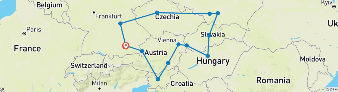 Image of a map showing the route of the tour