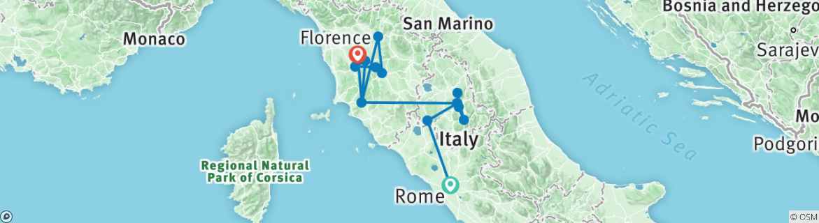 Image of a map showing the route of the tour