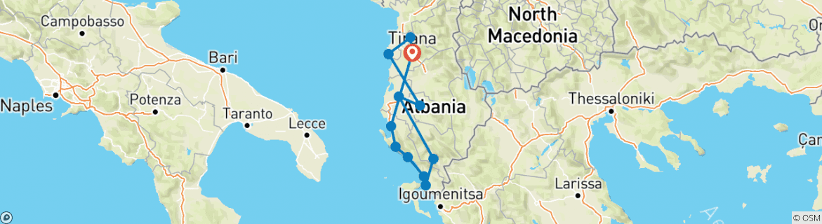 Image of a map showing the route of the tour