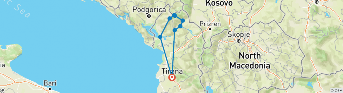 Image of a map showing the route of the tour