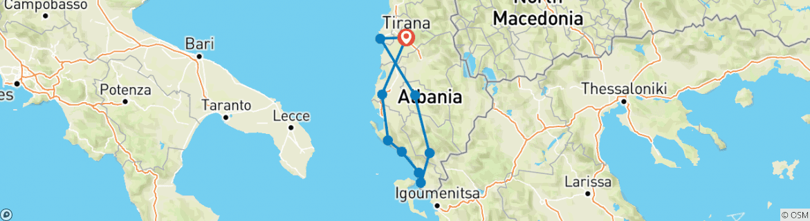 Image of a map showing the route of the tour