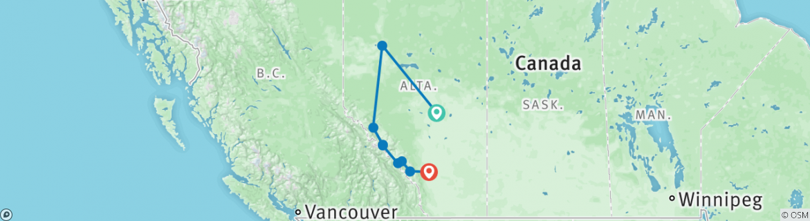 Image of a map showing the route of the tour