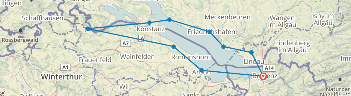Image of a map showing the route of the tour