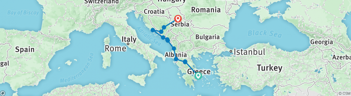 Image of a map showing the route of the tour