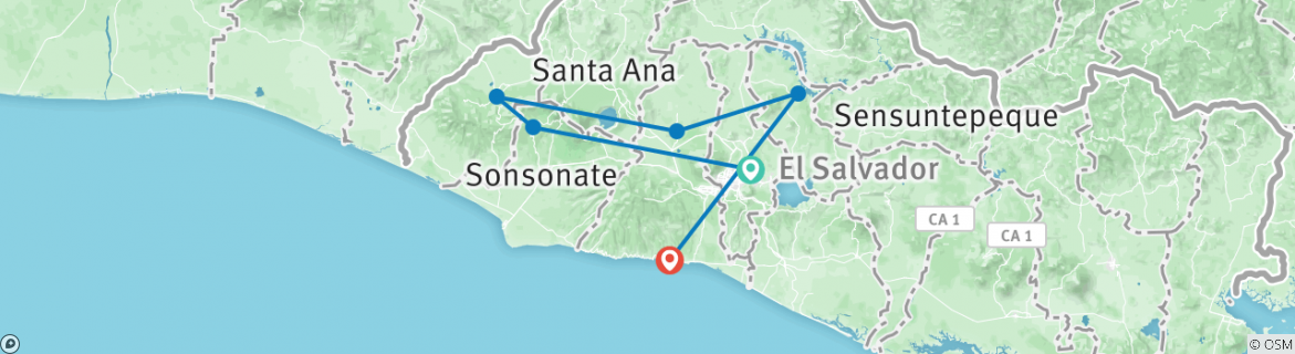 Image of a map showing the route of the tour
