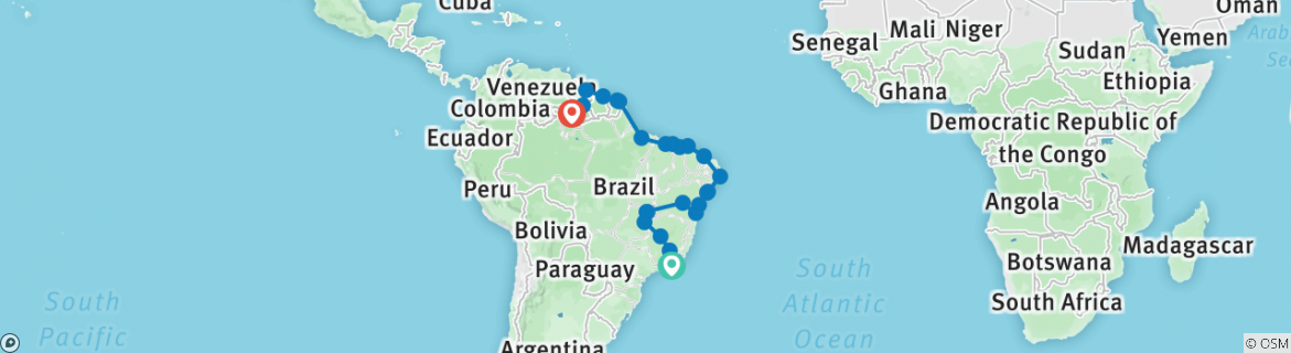 Image of a map showing the route of the tour