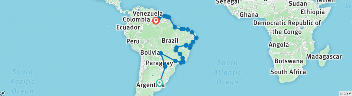 Image of a map showing the route of the tour