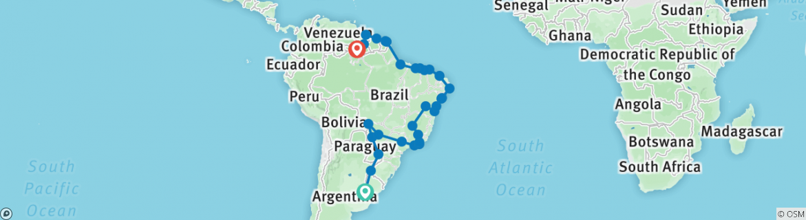 Image of a map showing the route of the tour
