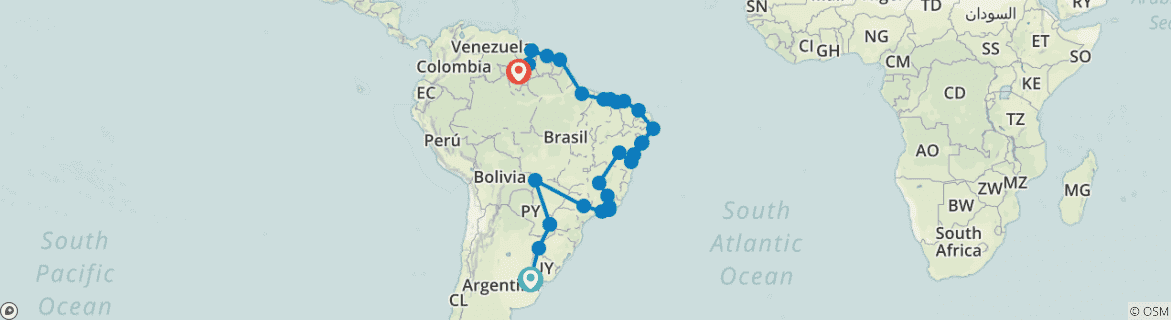 Image of a map showing the route of the tour