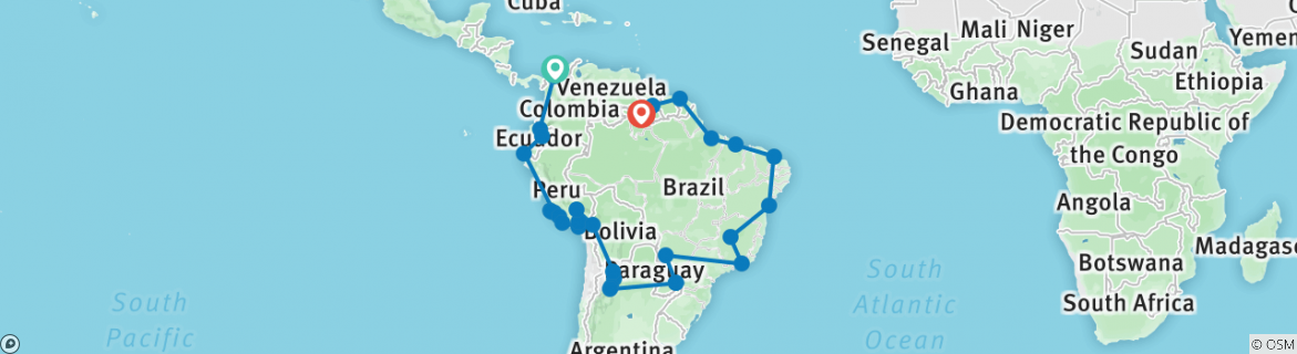 Image of a map showing the route of the tour