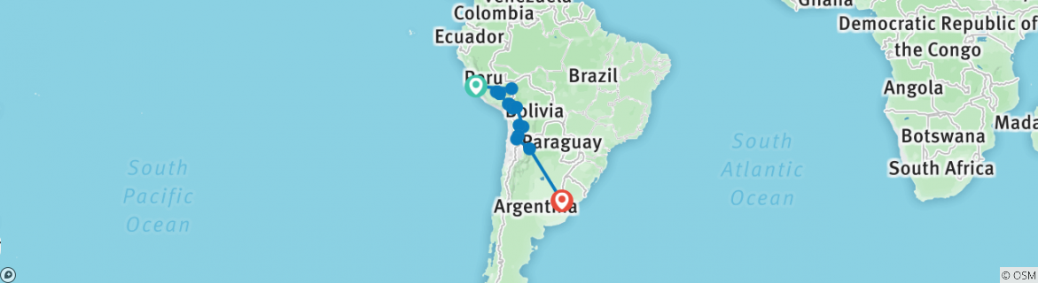 Image of a map showing the route of the tour