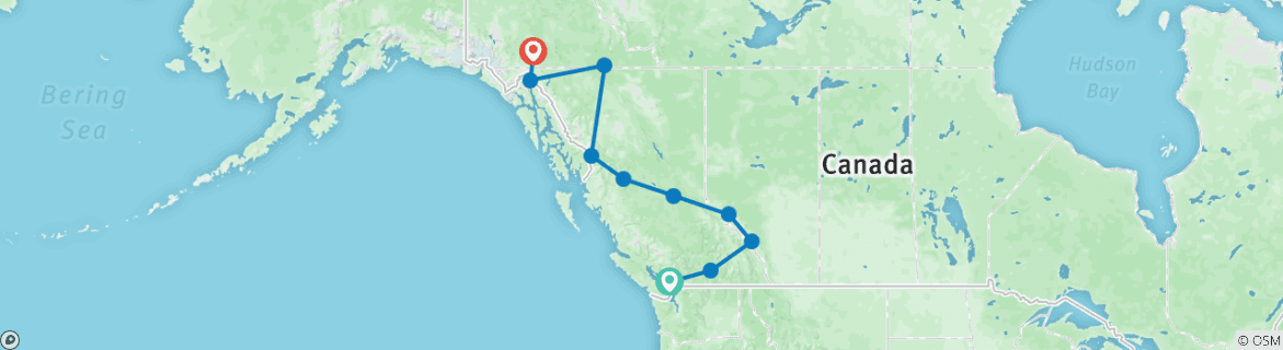 Image of a map showing the route of the tour