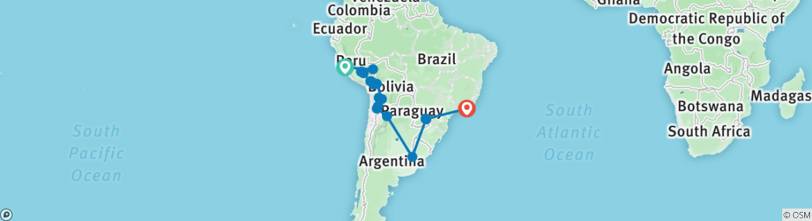 Image of a map showing the route of the tour