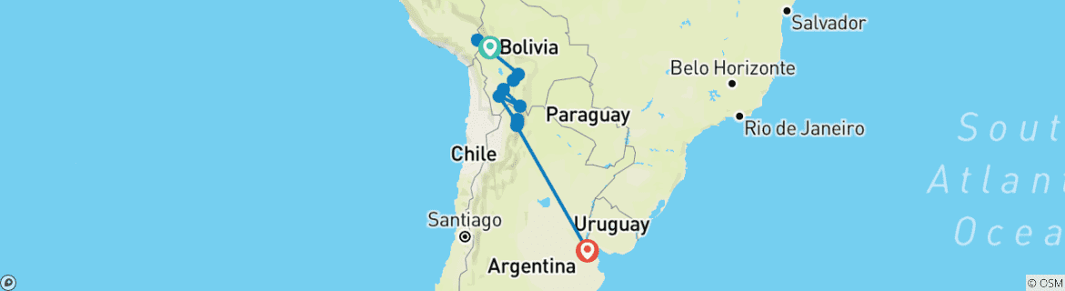 Image of a map showing the route of the tour