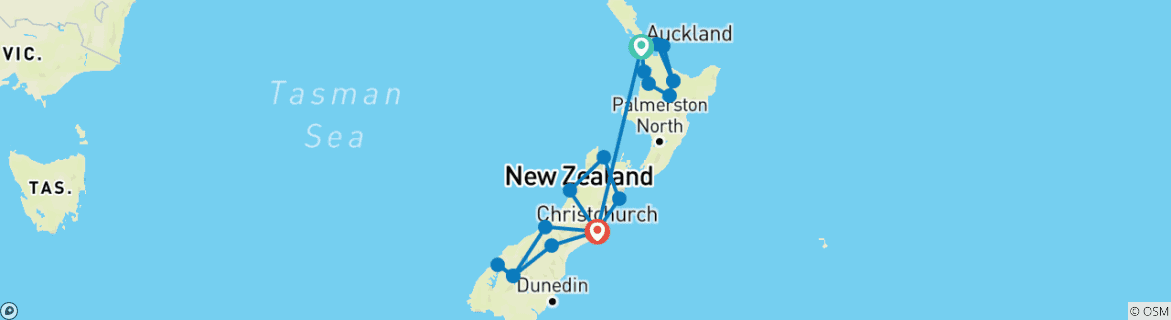 Image of a map showing the route of the tour