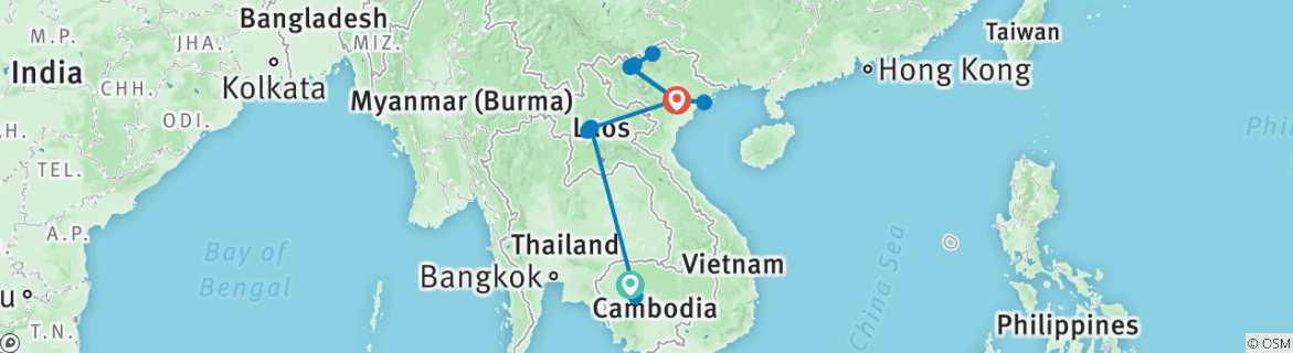 Image of a map showing the route of the tour