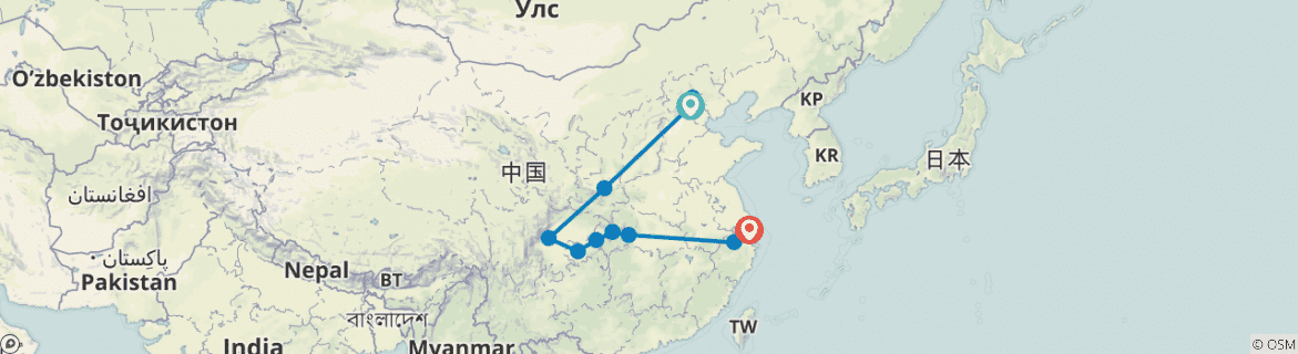 Image of a map showing the route of the tour