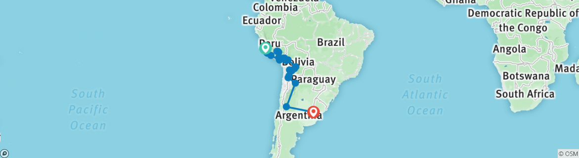 Image of a map showing the route of the tour