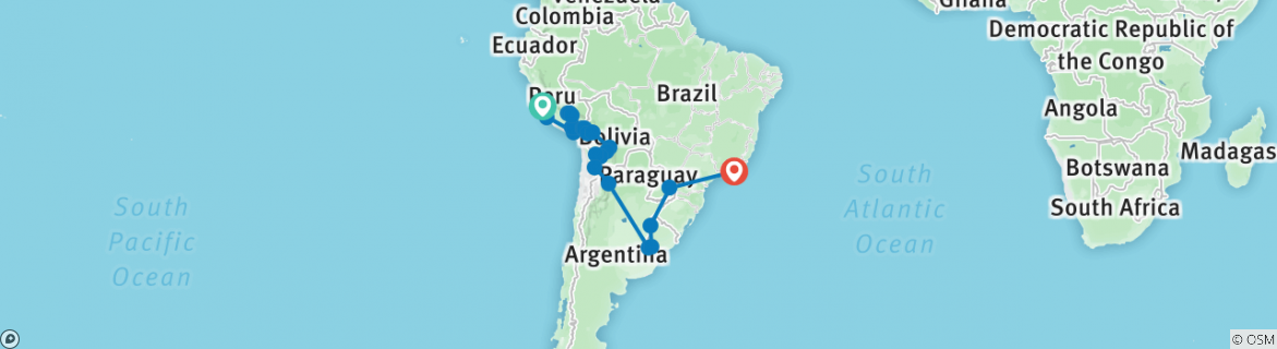 Image of a map showing the route of the tour