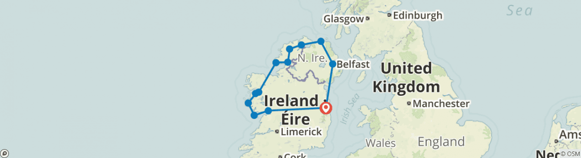 Image of a map showing the route of the tour