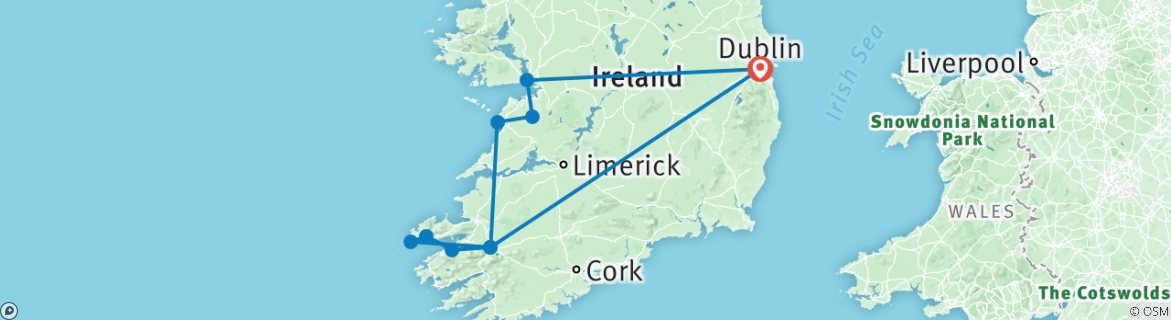 Image of a map showing the route of the tour