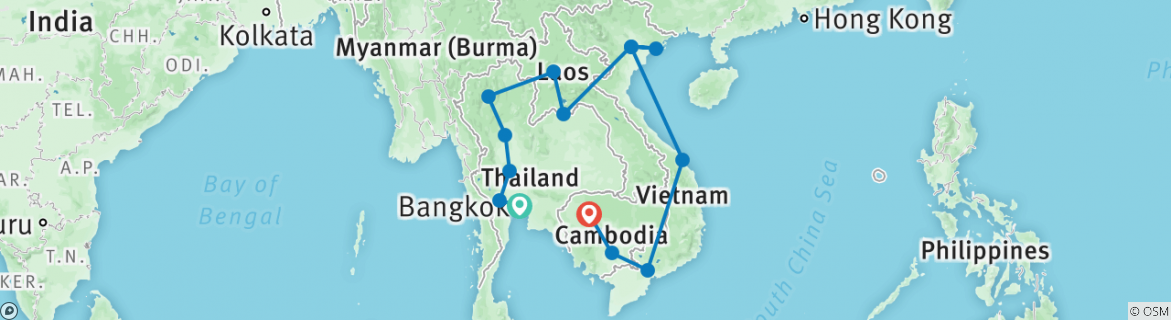 Image of a map showing the route of the tour