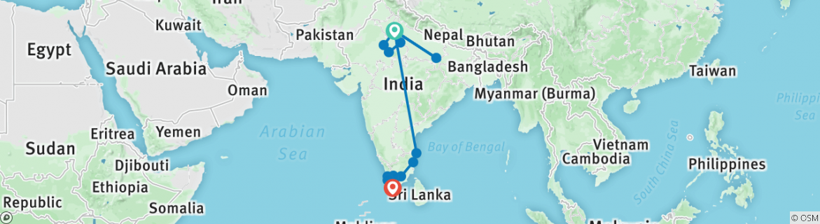 Image of a map showing the route of the tour