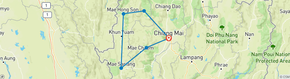 Image of a map showing the route of the tour